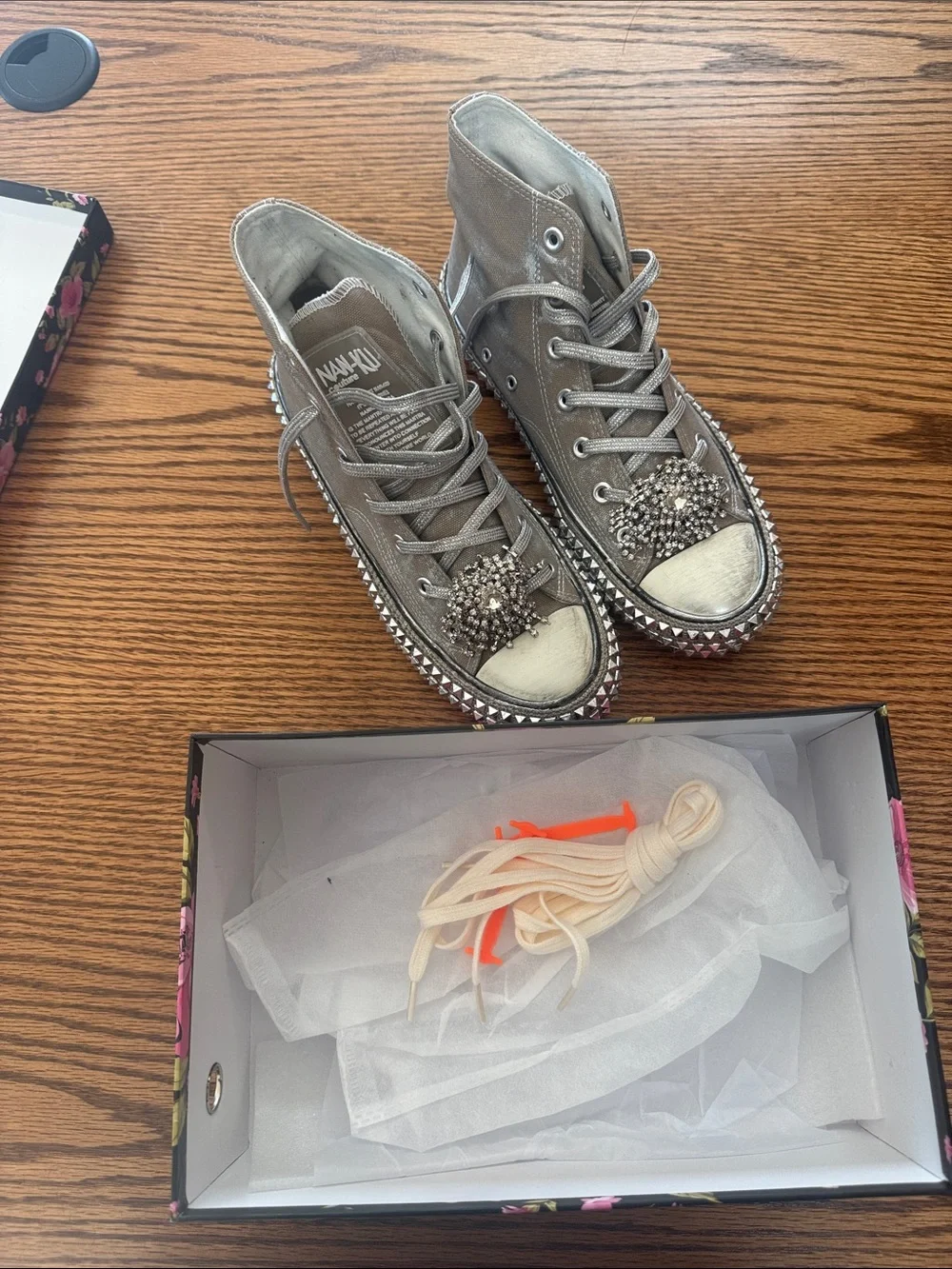 Metallic Taupe High-Top Sneakers with Crystal Stud Detailing - Picture 3 of 8